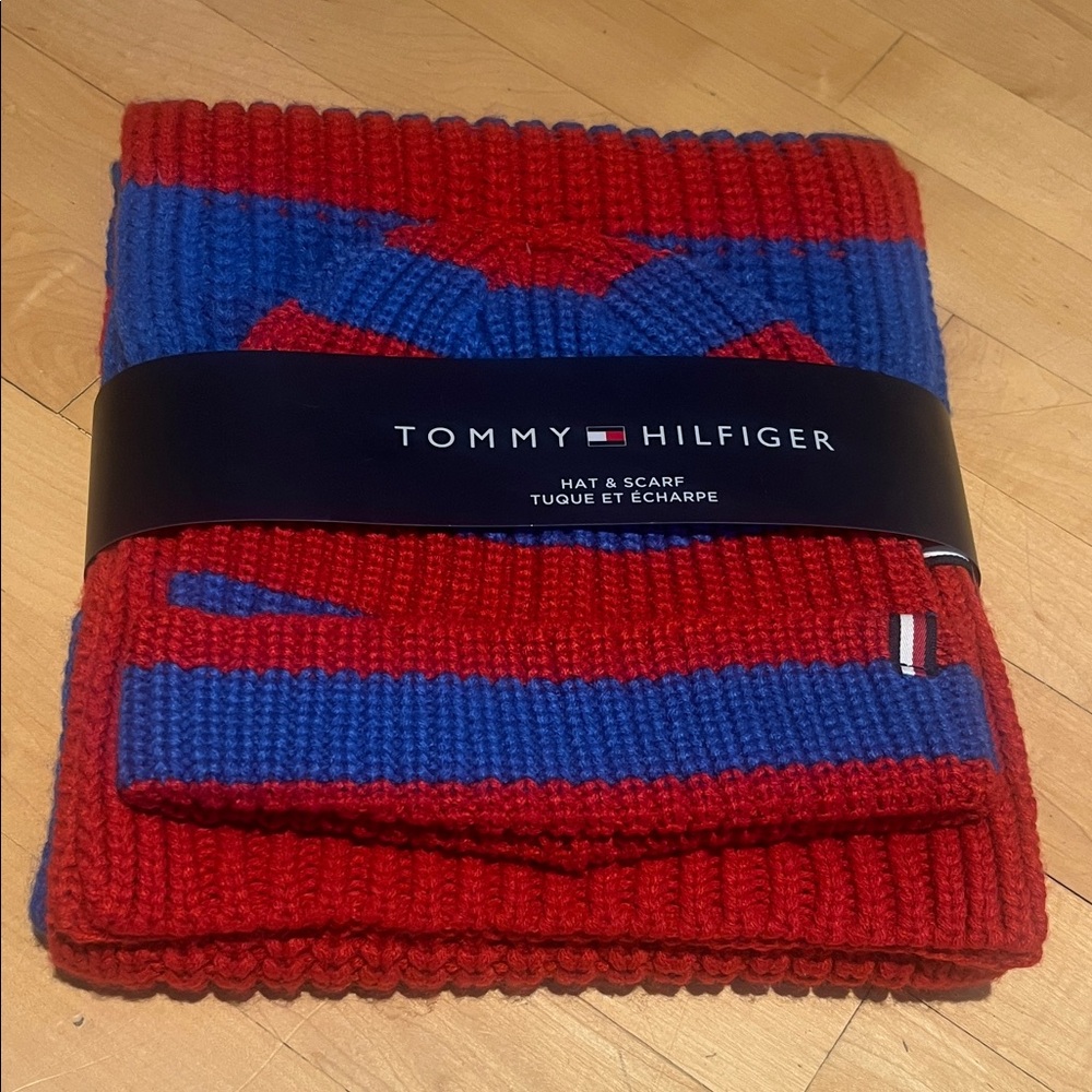Tommy Hilfiger Red & Blue Ribbed Knit Hat and Scarf Set